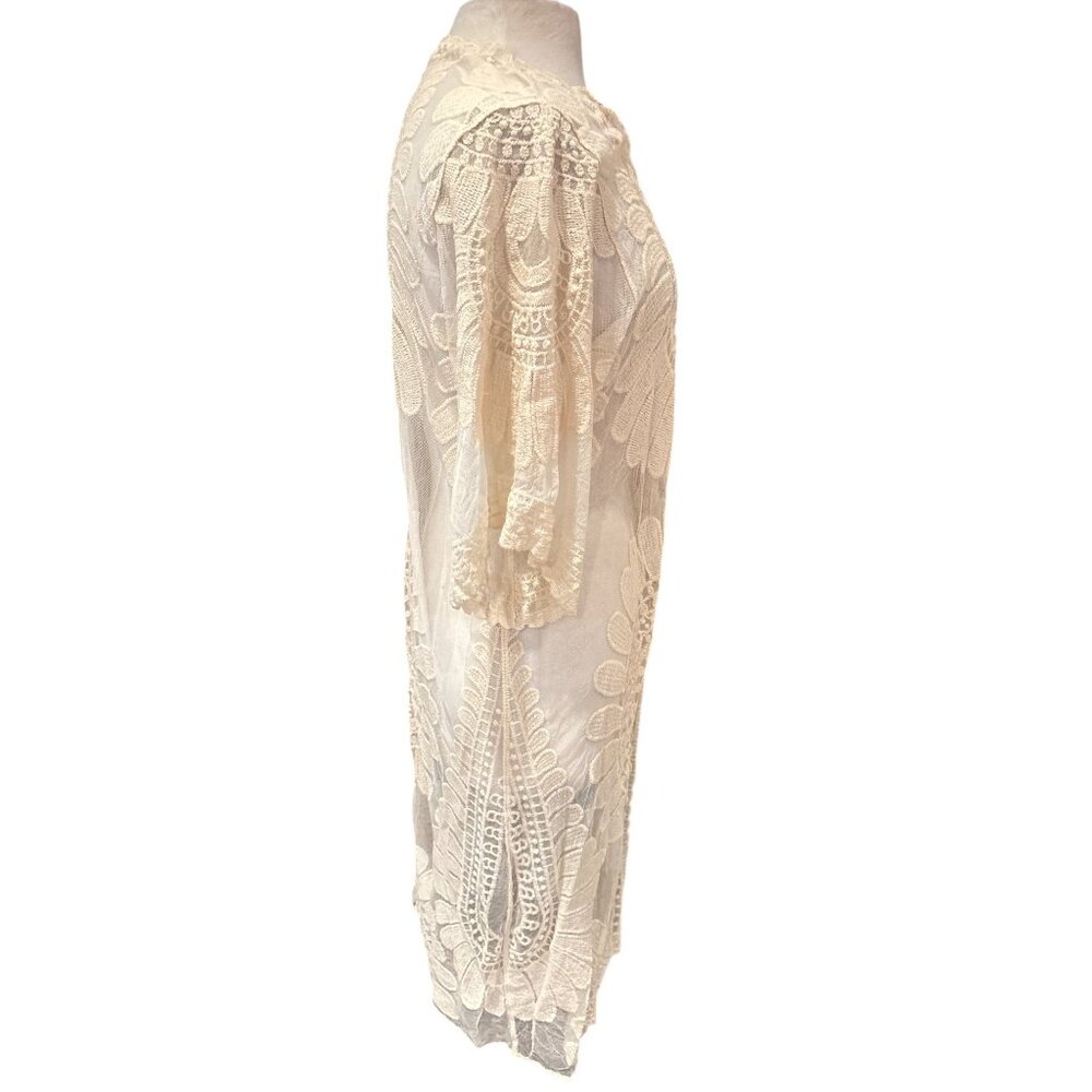 Boho Open Front Sheer Lace Kimono Cardigan With Floral Embroidery Ivory by Rebel - Picture 6 of 9